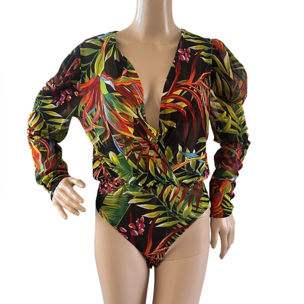 Day G deep V-neck tropical print sheer puff sleeves